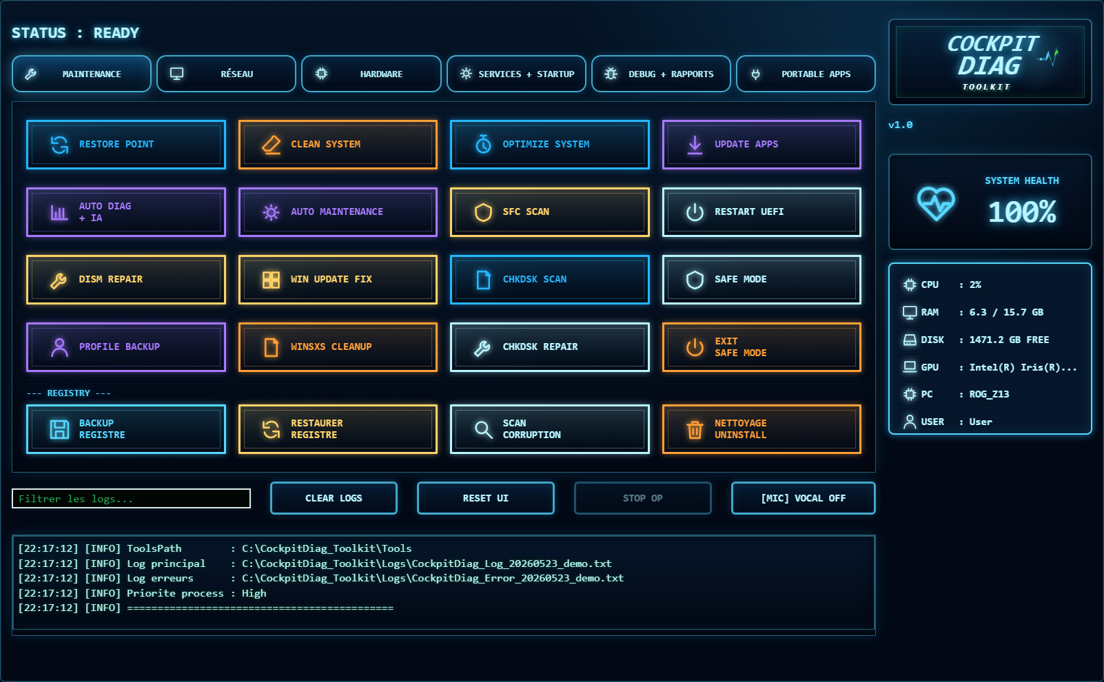 Capture réelle de l'interface CockpitDiag Enterprise