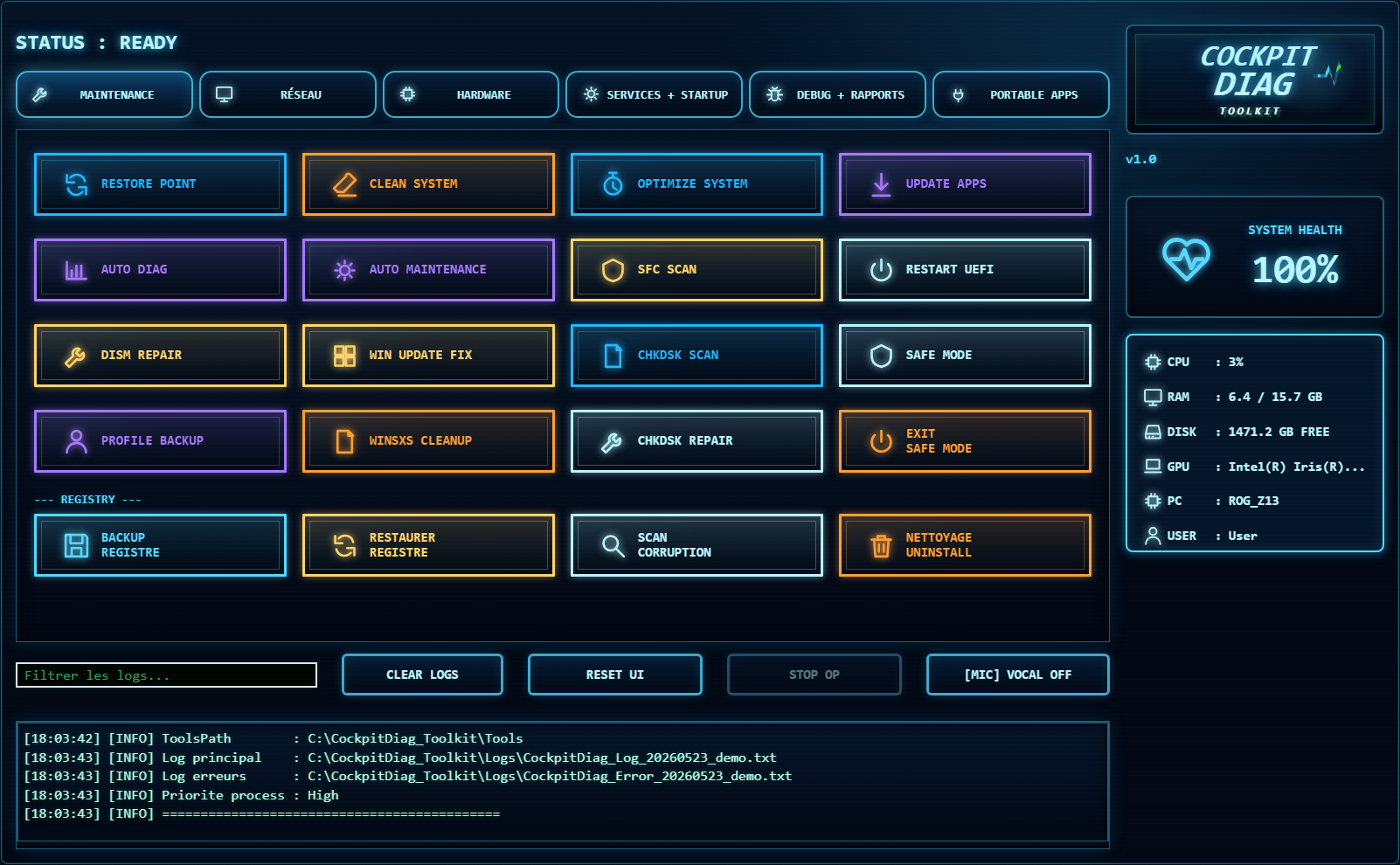 Capture de l'interface CockpitDiag Enterprise avec modules de diagnostic, maintenance Windows, contrôles système et rapports