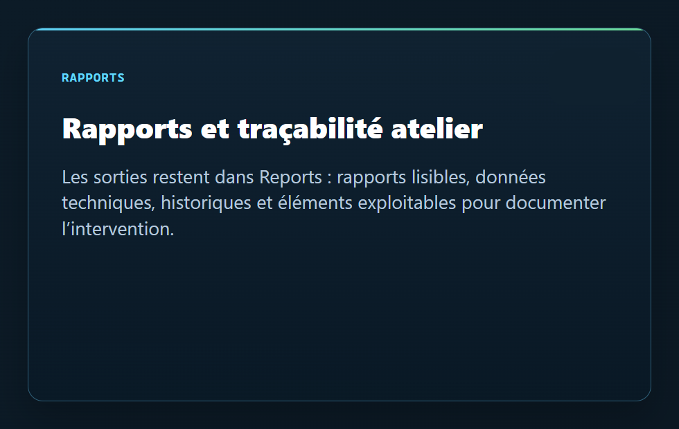 Rapports et traçabilité atelier - CockpitDiag